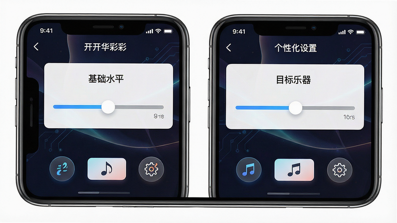 展示“开开华彩”APP中的个性化设置页面,主体为手机界面,显示“基础水平”与“目标乐器”选择项,布局对称,排版规整,风格科技感与艺术感结合,细节包含滑块控件与图标按钮,画质高清,干净,无多余元素,alt属性为“开开华彩预览图”