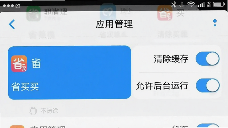 手机设置界面截图,显示“应用管理”列表,其中“省买买”被高亮显示,旁边有“清除缓存”和“允许后台运行”的开关按钮,界面简洁,操作指引清晰,高清,无干扰元素