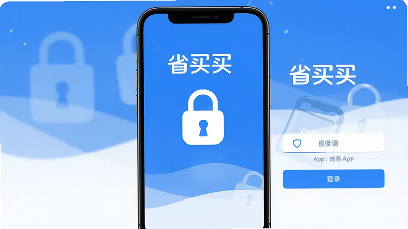 手机屏幕显示锁形图标,象征安全保护,背景为“省买买”APP的登录界面,界面简洁,色调为蓝色和白色,传达信任感,高清,无多余装饰