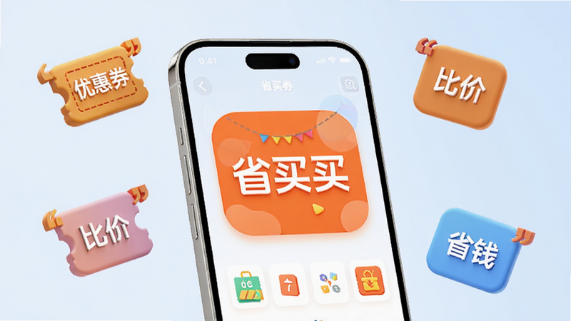 画面主体展示一部最新款智能手机,屏幕中央清晰显示“省买买”APP界面,背景为简洁的浅蓝色渐变,周围漂浮着带有引号的“优惠券”、“比价”、“省钱”等立体图标,整体风格现代简约,高清细节,无多余元素