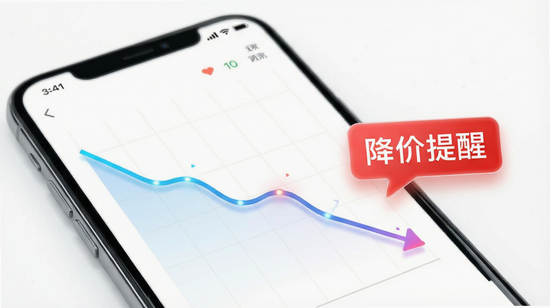 手机界面显示价格曲线图,曲线呈现下降趋势,旁边有一个红色的降价提醒气泡,写着“降价提醒”,背景为干净的白色,风格科技感强,线条流畅,高清,无杂乱元素