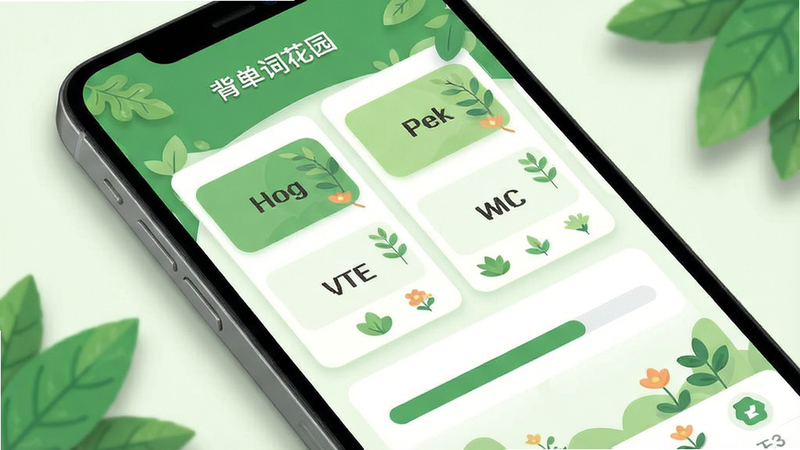 主体为手机屏幕展示“背单词花园”应用界面,布局采用清新绿色系花园主题,排版整齐展示单词卡片与进度条,风格扁平化且现代,细节包含叶片装饰与柔和阴影,画质高清,干净,无多余元素