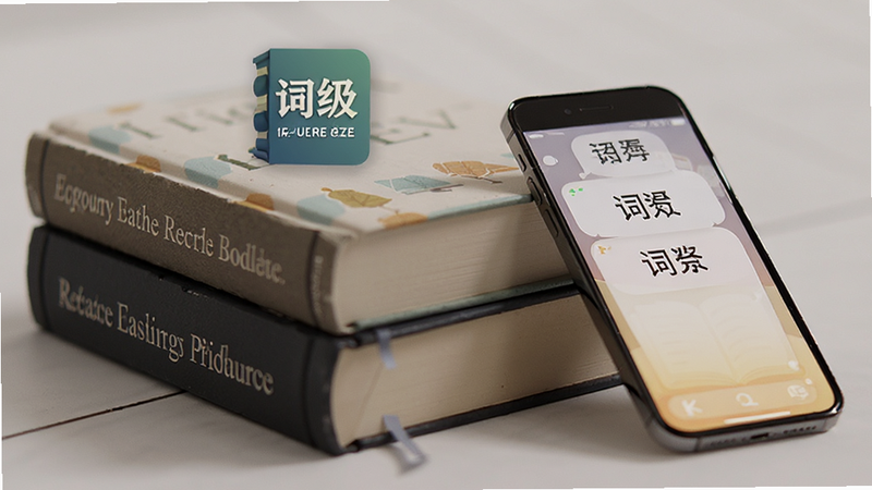 主体为书本与手机叠放,布局展示不同等级词书图标,排版简洁列出词库分类,风格学术且亲切,细节包含书脊文字与手机屏幕发光效果,画质高保真,干净,无多余元素
