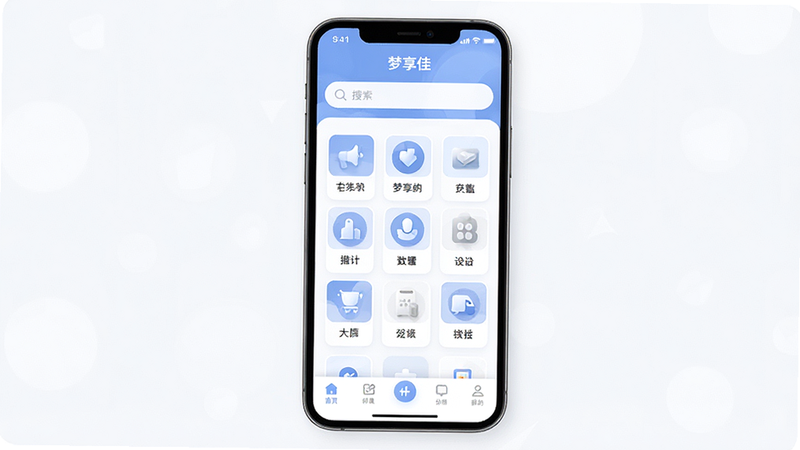 ����Ϊ�ֻ���Ļ����ʾ�������ѡ�APP��ҳ���棬�������࣬����Ϊ���������в�Ϊ����״����ͼ�꣬�ײ�Ϊ�����������Ϊ�ִ���ƽ����ƣ�ɫ�����������Ϊ����ϸ�����������ʸ��壬�ɾ��޶���Ԫ��