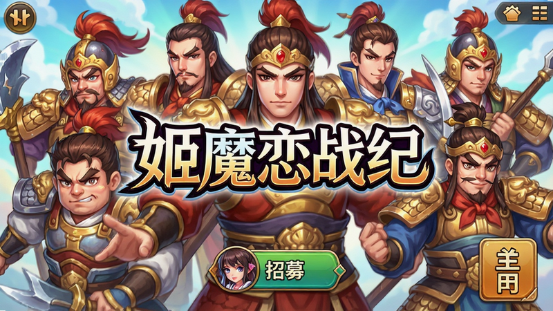 一张二次元风格的手机游戏主界面预览图,画面中心显示游戏名称“姬魔恋战纪”,背景是萌化的三国武将角色群像,色彩鲜艳明亮,布局清晰,包含角色招募按钮和主菜单入口,风格为日系动漫,细节精致,画质高清,无多余元素