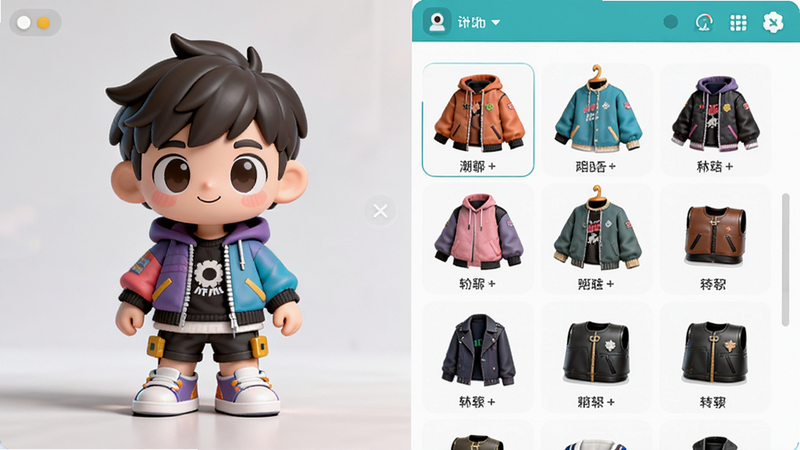 潮玩人类形象编辑界面,左侧为角色模型,右侧为服饰道具列表,界面UI清晰,色彩鲜艳,风格时尚,细节清晰,画质高,干净,无多余元素