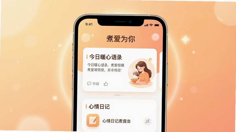主体为手机屏幕居中显示,背景为柔和的暖色调渐变,屏幕内展示煮爱为你APP主界面,包含“今日暖心语录”卡片和“心情日记”入口,布局整齐,排版简洁,风格温馨治愈,细节处有淡淡的光晕效果,画质高清,干净无多余元素,文字“煮爱为你”清晰可见