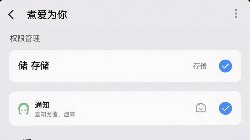 主体为手机设置界面截图,显示权限管理页面,高亮显示存储和通知权限,布局清晰,排版规范,风格简洁直观,细节处有勾选标记,画质清晰,干净无多余弹窗,文字“煮爱为你”作为应用名称显示