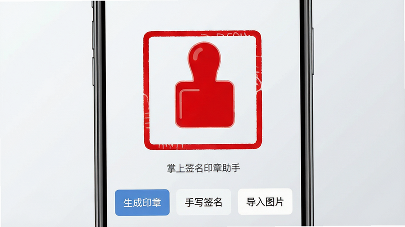 主体为掌上签名印章助手App的手机界面截图,布局采用扁平化设计,中央展示一个红色的方形电子印章预览区域,下方排列着“生成印章”、“手写签名”、“导入图片”三个主要功能按钮,背景为干净的浅灰色渐变,风格现代简约,细节处体现高清质感,画质清晰,干净无多余元素,文字包含