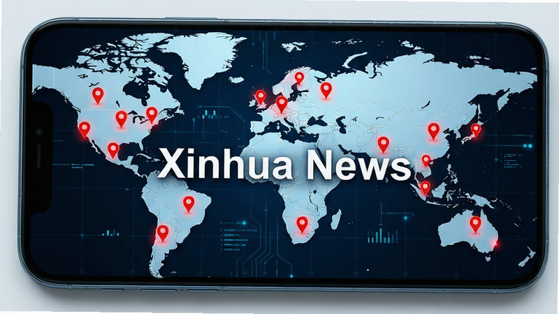 手机屏幕展示全球地图背景,地图上分布着红色新闻标记点,中心突出显示
