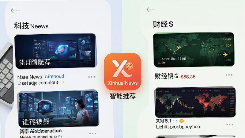 手机界面展示个性化新闻流,左侧为科技类新闻,右侧为财经类新闻,中间有