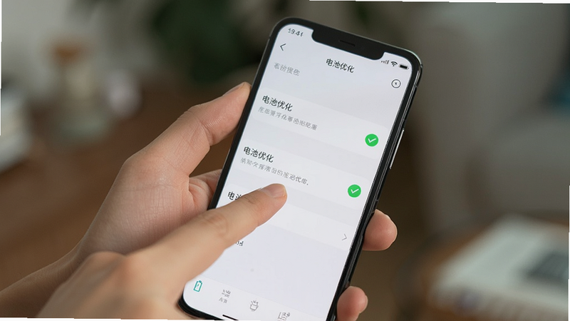主体为一只手拿着智能手机,屏幕显示设置界面,手指正点击