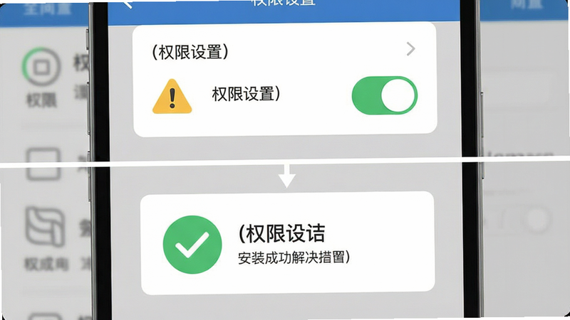 常见问题解决示意图,主体为手机设置界面与错误提示弹窗,布局为上下结构,上方显示权限设置开关,下方显示安装成功图标,风格为扁平化教程图解,细节显示勾选框与警示图标,文字标注“权限设置”,高清,干净,无多余元素