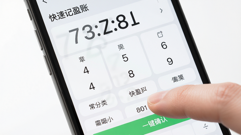 ����Ϊ�ֻ���Ļ��д��չʾ̯ӯ��APP�Ŀ��ټ���������棬����Ϊ�ϰ벿�ִ�����ּ��̣��°벿��Ϊ���÷����ǩ��ť���Ű�����ҷ���Ĵָ����ϰ�ߣ����Ϊ�������壬ϸ�ڴ���ʾ��ָ���ڵ�����ּ�������ϸ�壬�ɾ��ޱ������ţ����ֱ�ע