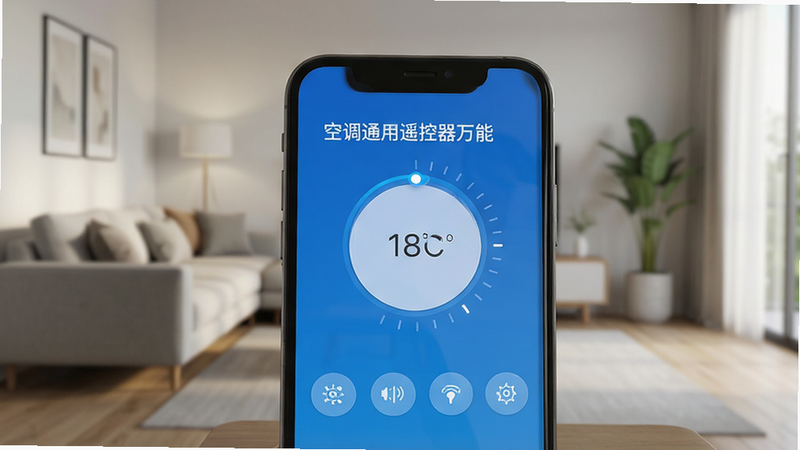 �ֻ���Ļ��д����ʾ���յ�ͨ��ң�������ܡ�App���棬����Ϊ�ִ���Լ������������ͣ���������չʾ�¶ȵ���Բ�̺͹��ܰ�ť����ɫ��ɫ��������дʵ����޶���װ�Σ�ϸ�ڷḻ��4k����