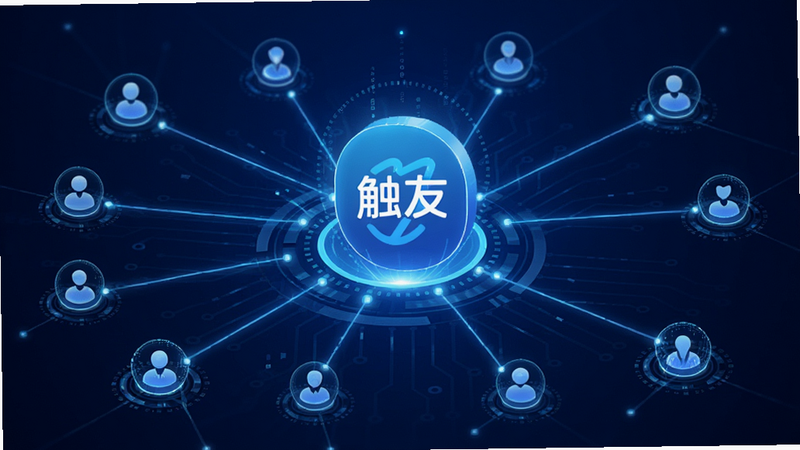 生成一张科技感十足的地图定位概念图,中心是一个发光的“触友”Logo图标,周围辐射出蓝色的连接线条连接着多个代表用户的节点,背景为深蓝色渐变,体现精准定位和快速连接的概念,高清,细节精致,文字显示“触友”