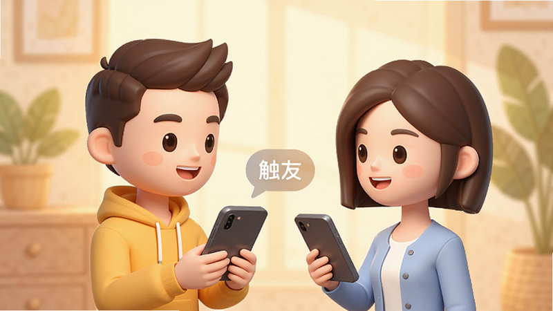 生成一张温馨友好的社交场景插画,两个虚拟人物在手机前微笑交谈,背景为柔和的暖色调,体现友好交流和信任感,风格卡通可爱,高清,干净,无多余元素,文字显示“触友”