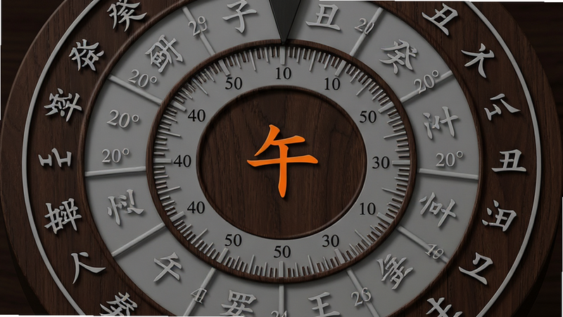 主体是二十四山方位环的特写,外圈是24个汉字(如子、癸、丑等),内圈是度数刻度。布局为同心圆结构,当前所在的