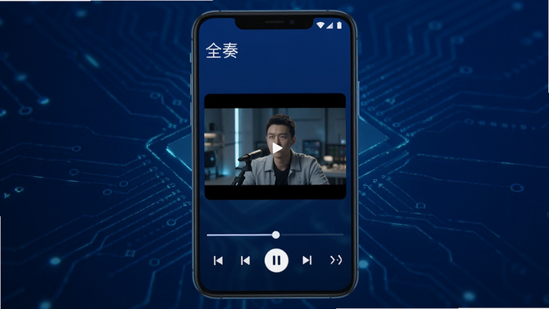 主体为安卓手机屏幕显示全奏APP界面,背景深蓝色科技风,布局简洁,顶部显示应用名称