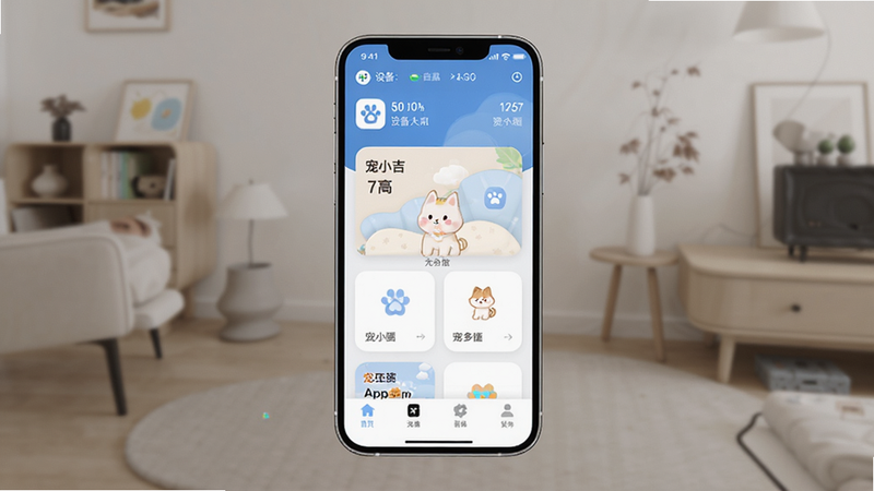 宠小吉App主界面全景图,主体为手机屏幕展示,布局清晰,顶部显示设备状态,中间为核心设备卡片,底部为功能导航,风格简约现代,细节丰富,画质高清,干净无多余元素,文字包含