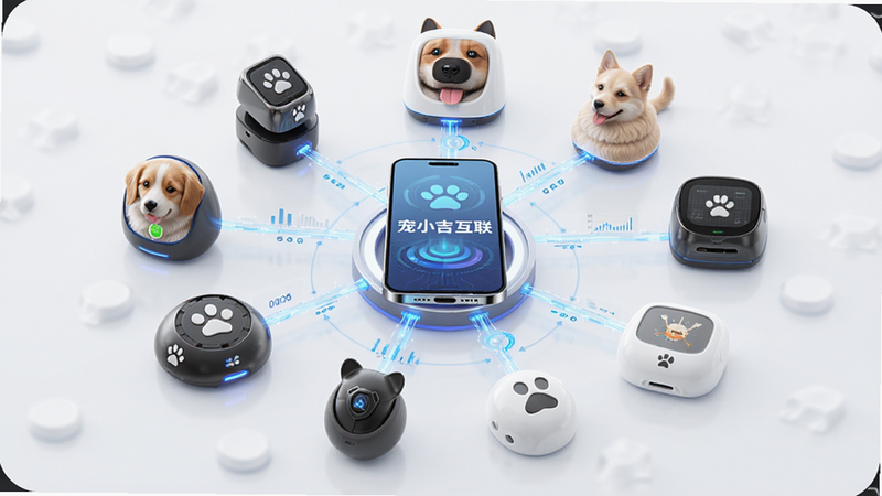智能宠物设备互联示意图,主体为多个宠物硬件围绕手机旋转,布局放射状,排版整齐,风格科技感强,细节展示数据流动,画质清晰,干净,文字包含