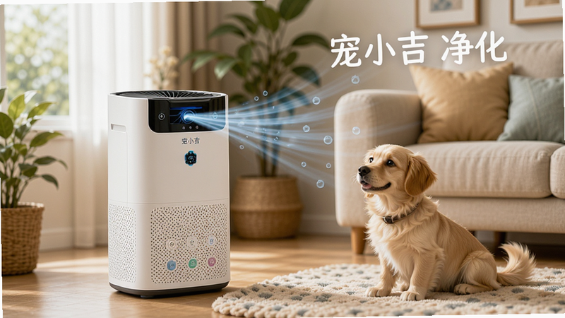宠小吉空气净化器运行效果展示,主体为空气净化器与宠物,布局温馨家居风,排版和谐,风格生活化,细节展示空气流动,画质高清,干净,文字包含