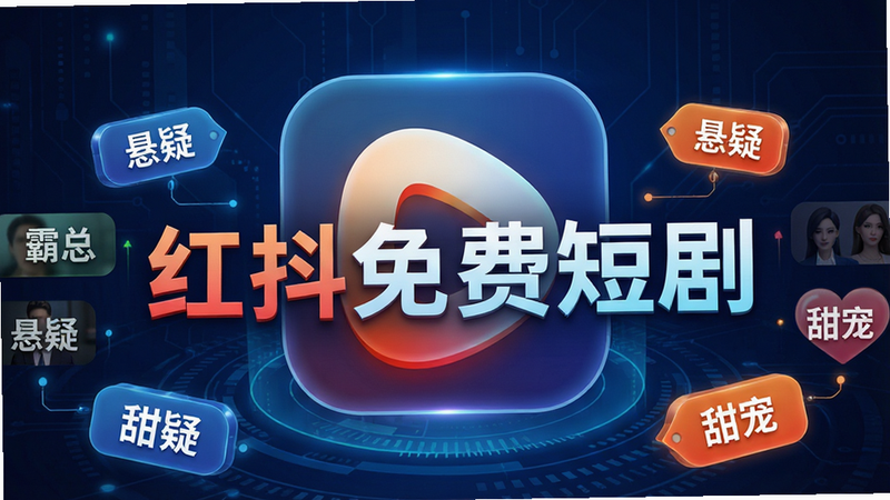 一张概念图,展示一个巨大的视频库图标,周围环绕着各种短剧类型的标签如“霸总”、“悬疑”、“甜宠”,背景为深蓝色科技风,主体突出“红抖免费短剧”字样,布局居中,排版紧凑,风格大气,细节丰富,画质高清,干净