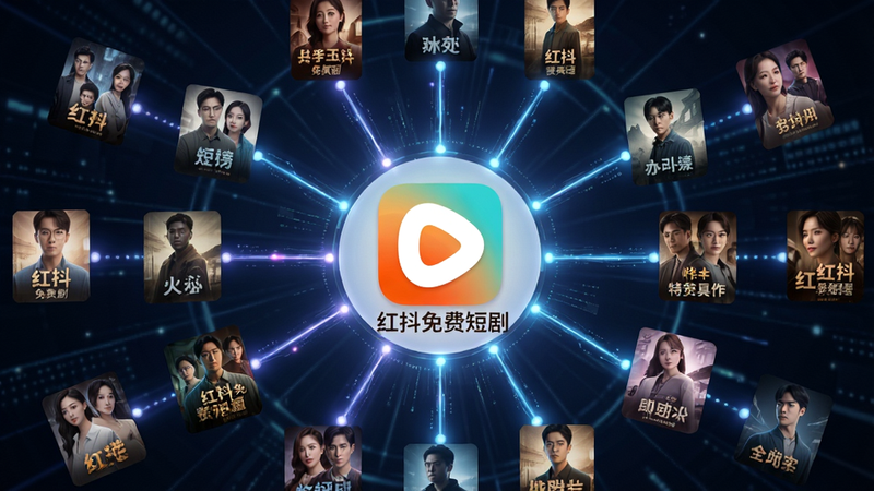 一张抽象的算法连接图,中心是“红抖免费短剧”Logo,周围通过光线连接着不同的剧集封面,象征个性化推荐,布局呈放射状,风格科技感,细节细腻,画质4K,干净无杂乱