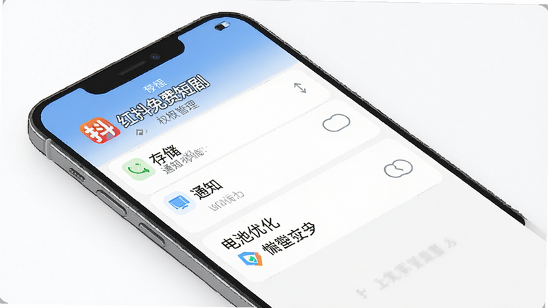 一张手机安全设置界面的示意图,显示“红抖免费短剧”的权限管理页面,包括存储、通知、电池优化等选项,主体为手机,布局清晰,风格简洁,细节清晰,画质高清,干净