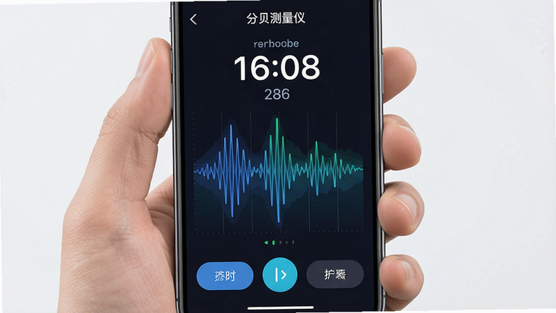 主体为手机屏幕界面,布局居中展示分贝测量仪APP核心功能,顶部显示实时分贝数值,中部为动态波纹图,底部为简洁操作按钮,风格为现代科技感,细节清晰,画质高清,干净无多余元素,文字显示