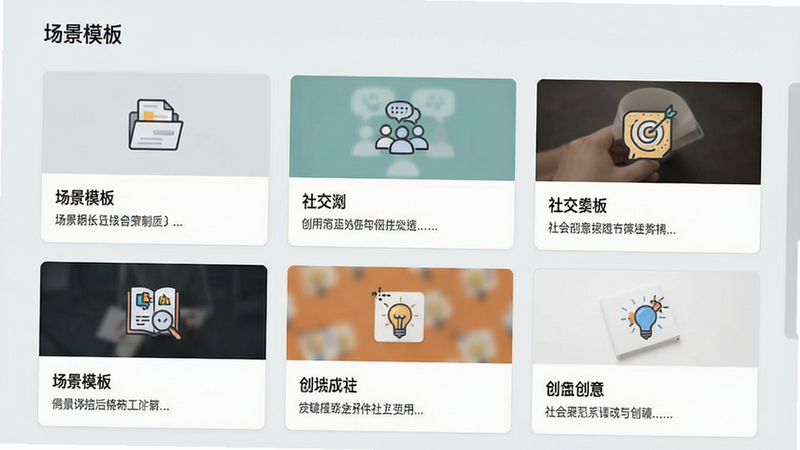 ����Ϊģ��ѡ��ҳ�棬����Ϊ����״���е�ģ�忨Ƭ��ÿ�ſ�Ƭչʾ��ͬ����ͼ���繫�ġ��罻�����⣬�Ű��������򣬷�������Լ��ϸ�ڴ���ʾģ�����ƺͼ�������������������ɾ����޶���Ԫ�أ����ְ���