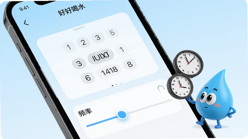 展示“好好喝水”APP设置界面的特写,屏幕中显示时间选择器和频率调整滑块,旁边有一个小水滴角色正在看钟表,背景为淡蓝色渐变,界面元素清晰,布局整齐,风格简约现代,高画质,无水印
