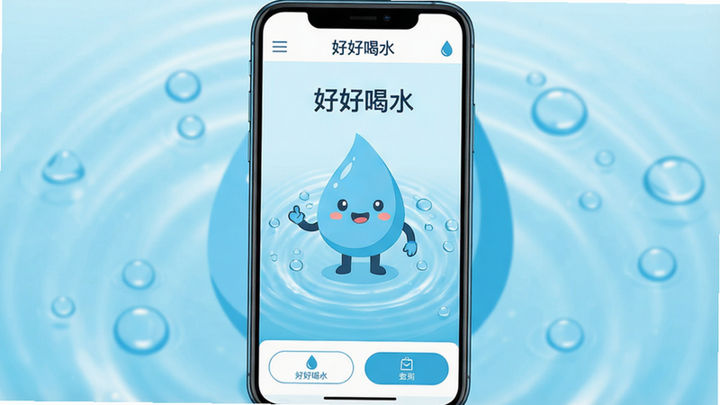 一张高清手机应用界面展示图,主体为“好好喝水”APP的主界面,屏幕中央显示一个拟人化的蓝色水滴卡通形象,周围环绕着清新的蓝色水波纹背景,界面顶部有简洁的菜单栏,底部有功能按钮,整体风格清新治愈,扁平化设计,高清晰度,无多余杂乱元素,文字清晰可见,包含“好好喝水”字样