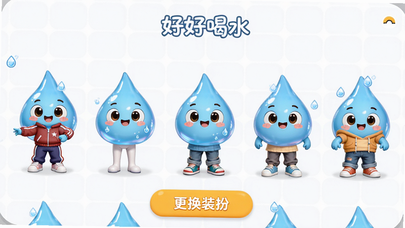 展示“好好喝水”APP角色装扮界面,多个不同穿着的水滴角色排列展示,有的穿着运动装,有的穿着休闲装,背景为柔和的白色网格,界面下方有“更换装扮”按钮,风格可爱卡通,色彩明亮,高清细节,无杂乱背景