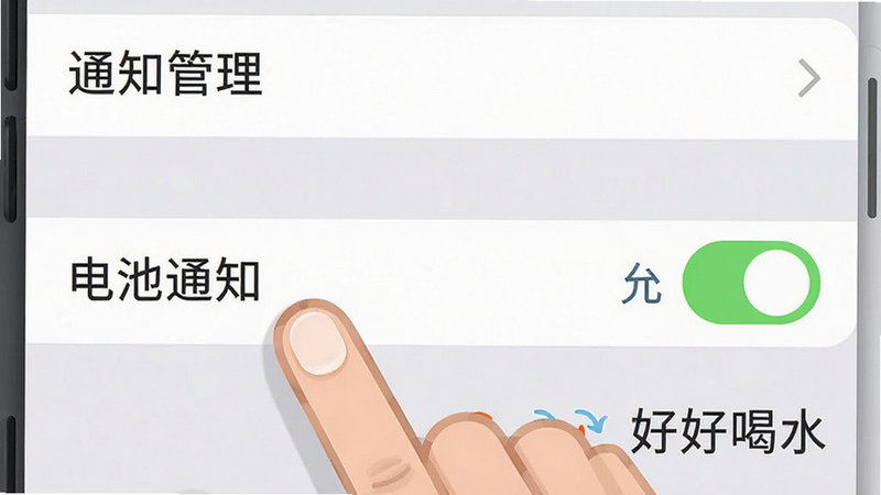 手机设置界面截图风格插图,显示“通知管理”和“电池优化”选项,手指图标正在点击“允许通知”按钮,背景为浅灰色,界面清晰,文字“好好喝水”清晰可见,风格简洁实用,高清晰度,无杂乱图标