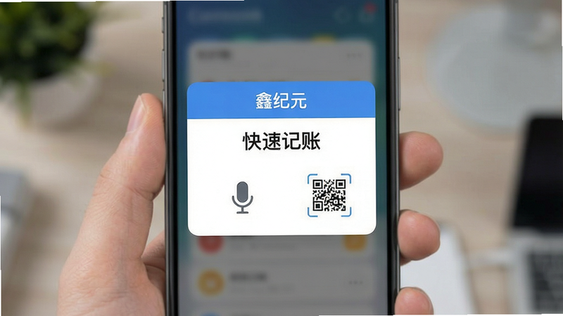 主体为手机界面展示,屏幕中央显示“鑫纪元”快速记账弹窗,布局为悬浮层设计,排版紧凑,风格为扁平化UI设计,细节包含麦克风图标与扫码框,背景虚化,画质高清,干净,文字显示“快速记账”
