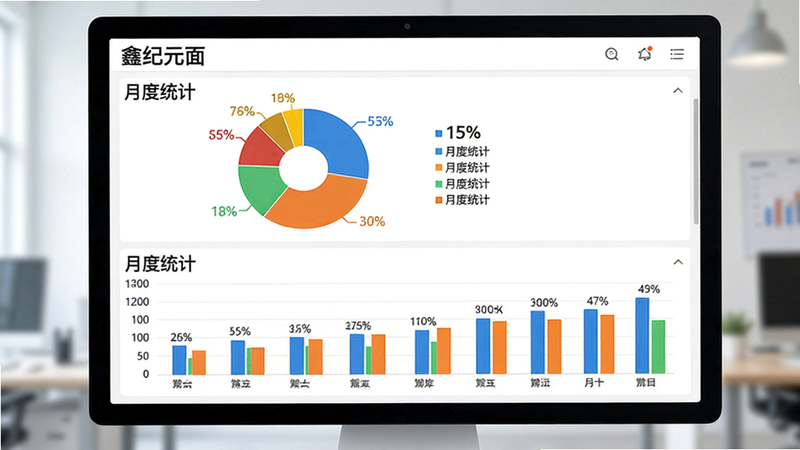 主体为数据分析图表,屏幕显示“鑫纪元”月度统计页面,布局为上下分栏,上为饼图下为柱状图,排版科学平衡,风格为商务简约风,细节包含百分比数值标签,色彩鲜明对比强烈,画质超清,干净,文字显示“月度统计”