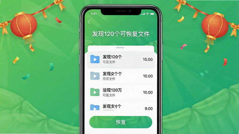 ����Ϊ�ֻ����ݻָ�App��ɨ����ɽ��棬��ʾ������120���ɻָ��ļ���������Ϊ��ɫ���䣬���־��У��Ű�ϲ�죬����࣬ϸ�ڰ����ļ��б��ͻָ���ť�������������ɾ��޶���Ԫ��