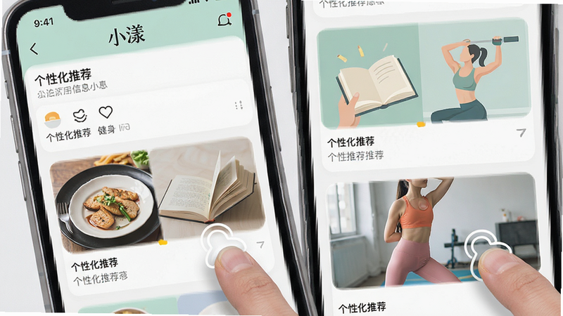 ����Ϊ�ֻ������ͼ���չʾ��С����APP����Ϣ��ҳ�棬����Ϊ˫���ٲ������Ű����룬ÿ�ſ�Ƭ������ͬ������������ʳ���Ķ������������Ϊ��ƽ����ƣ�ɫ�ʵ��ţ�ϸ�ڴ�����ָ�����Ļ�Ķ��������ʸ��壬�ɾ����޶���Ԫ�أ�������ʾ�����Ի��Ƽ���