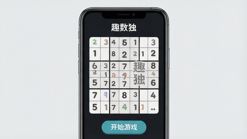 Boogu-Image: 主体为一部现代智能手机,屏幕显示着'趣数独'游戏界面,背景为干净的浅灰色,布局简洁,排版清晰,风格为扁平化设计,细节包括9x9的数独网格,数字字体圆润,画质高清,干净,无多余元素,屏幕上方有应用名称'趣数独',下方有'开始游戏'按钮,整体视觉舒适,适合移动端展示。