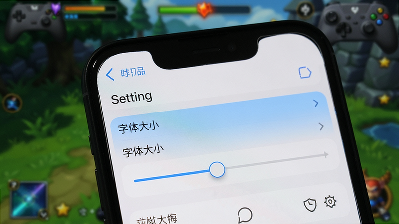 Boogu-Image: 主体为一个手机屏幕特写,显示着设置界面,其中“字体大小”选项被高亮显示,背景为模糊的游戏界面,布局聚焦于设置项,排版清晰,风格为UI截图风格,细节包括滑块和文字标签,画质高清,干净,无多余元素,体现个性化设置功能。