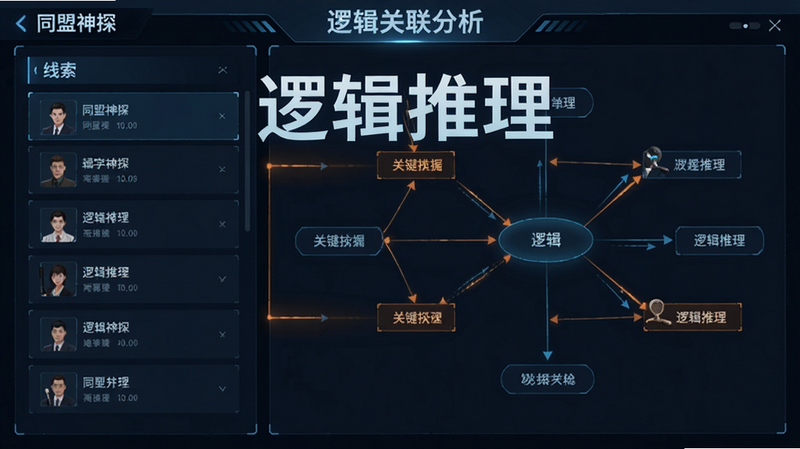 主体为《同盟神探》推理分析界面,布局为左右分栏,左侧为线索列表,右侧为逻辑关联图谱,排版对称,风格为科技感UI设计,细节高亮显示关键证据连接,画质清晰,干净,文字“逻辑推理”置于显著位置
