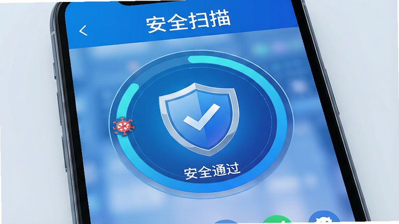 主体为手机安全扫描界面,布局为中央盾牌图标,周围环绕病毒扫描进度条,排版简洁,风格为科技蓝色调,细节显示“安全通过”字样,画质高清,干净,文字“安全扫描”在顶部