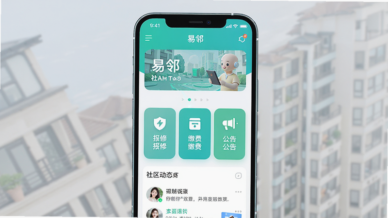 主体为手机界面展示“易邻”APP首页,布局清晰分为顶部社区信息栏、中部服务金刚区(包含报修、缴费、公告)、底部社区动态流,排版整洁有序,风格现代简约,细节处体现科技感与亲和力,画质高清,干净无多余元素,文字显示“易邻”