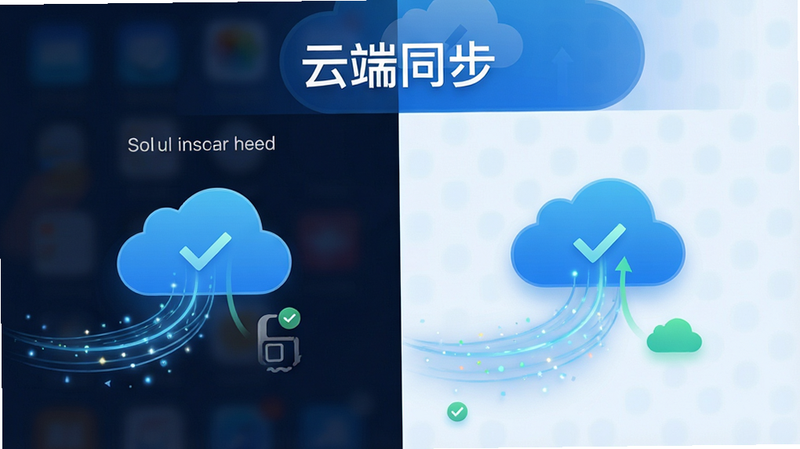 主体为手机界面展示云端同步过程,布局为左右分屏对比,左侧显示本地缓存清空动画,右侧显示云端数据流入图标,排版逻辑清晰,风格为科技感蓝色调,细节包含流动的数据光束与勾选标记,画质高清,干净,无多余元素,文字“云端同步”置于顶部