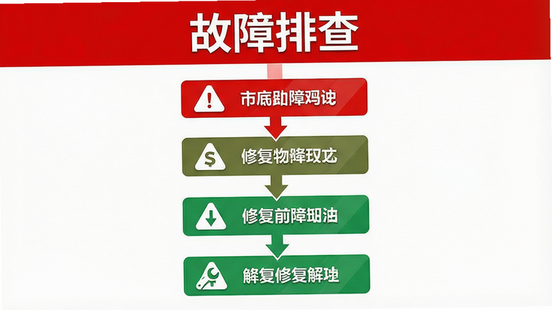主体为手机故障排查流程图,布局为垂直步骤条,排版清晰直观,风格为警示红与解决绿对比,细节包含错误图标与修复扳手符号,画质清晰,干净,无多余元素,文字“故障排查”作为标题