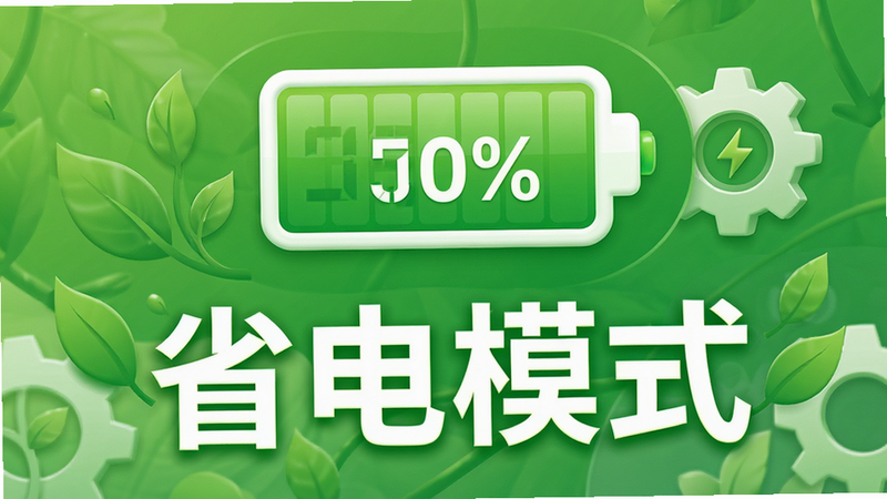 主体为电池电量图标与齿轮设置界面,布局为居中突出显示,排版对称平衡,风格为绿色生态系,细节包含电池百分比数字与节能叶片装饰,画质清晰,干净,无多余元素,文字“省电模式”醒目展示
