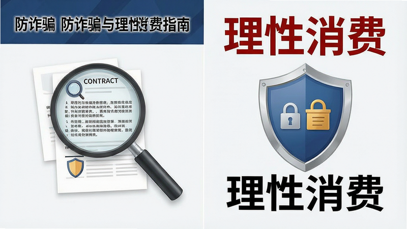 主体为防诈骗与理性消费指南,布局为左右图文结合,排版平衡,风格为严肃警示风,细节包含放大镜查看合同与盾牌防护图标,画质高清,干净,无多余元素,文字“理性消费”醒目展示