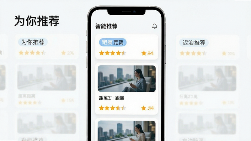 主体为智能推荐列表界面,布局为纵向卡片式排列,排版紧凑有序,风格为清新简约,细节包含推荐标签、距离标识及评分星级,画质细腻,干净,无多余元素,文字“为你推荐”作为标题突出显示
