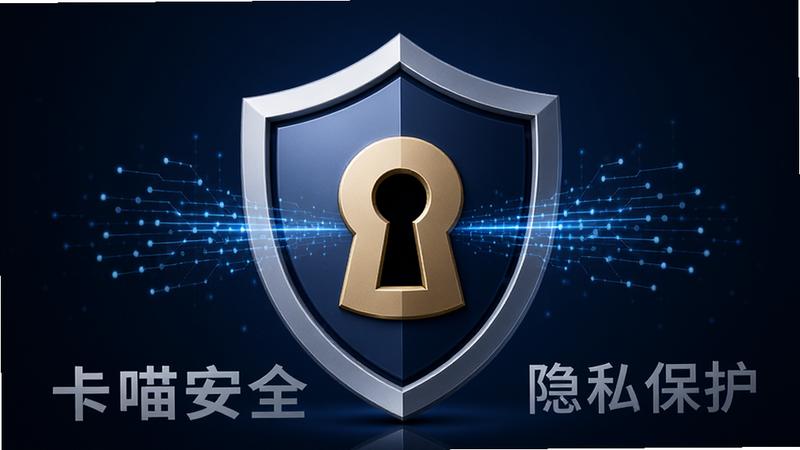 主体为盾牌图标与锁孔结合,布局中心突出安全符号,背景为深色渐变,排版稳重可靠,风格为商务安全风,细节显示数据流被拦截特效,画质高清,干净,文字包含“卡喵安全”、“隐私保护”